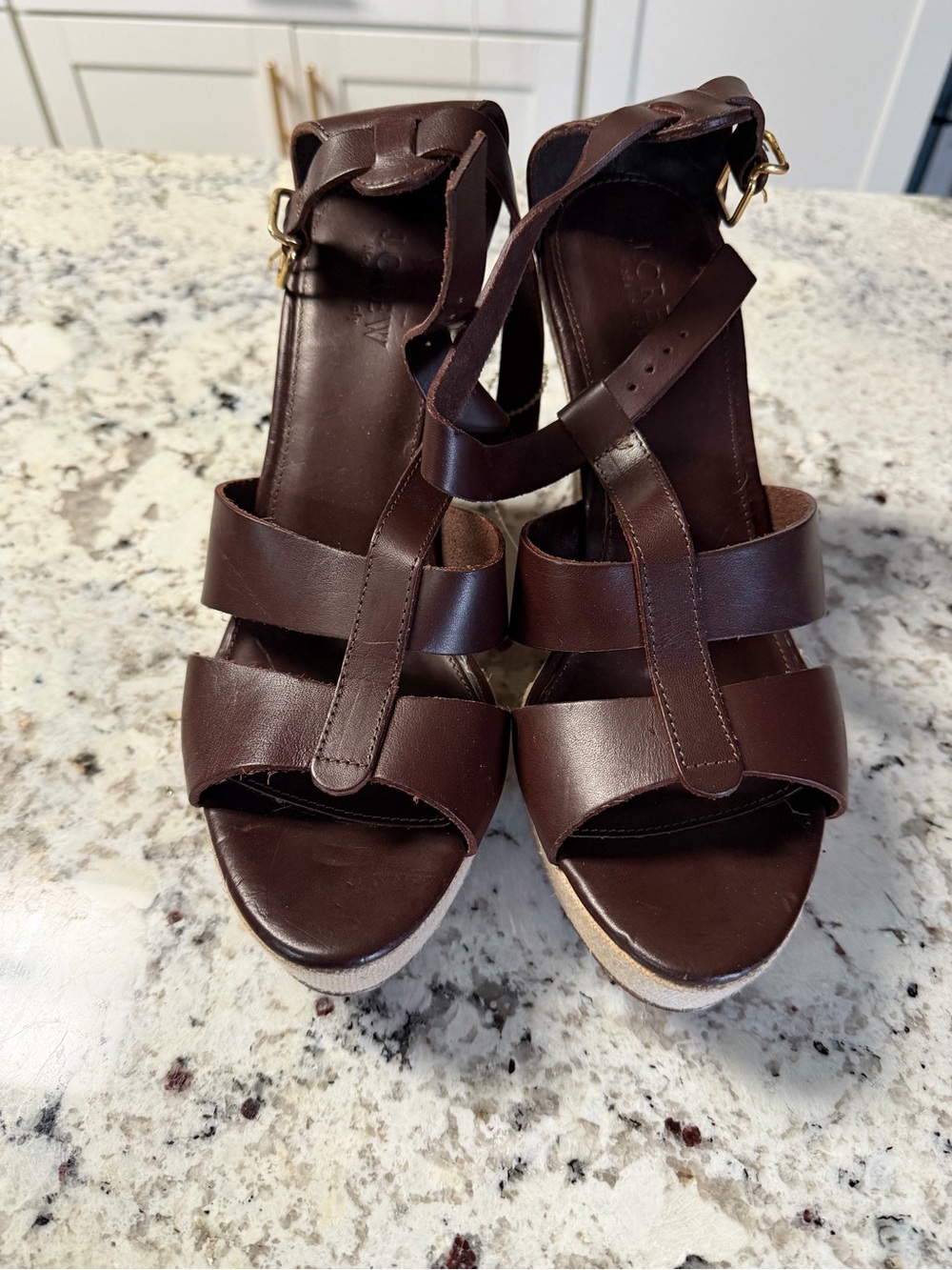 J. Crew Dark Brown Leather Strappy Wedge Sandals